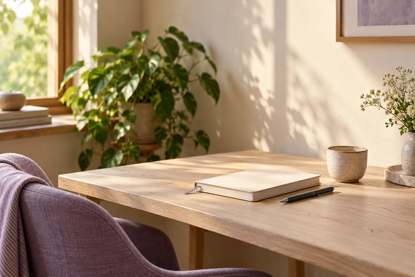 A quiet desk with an ivory notebook, a pen and a cup in warm morning light.