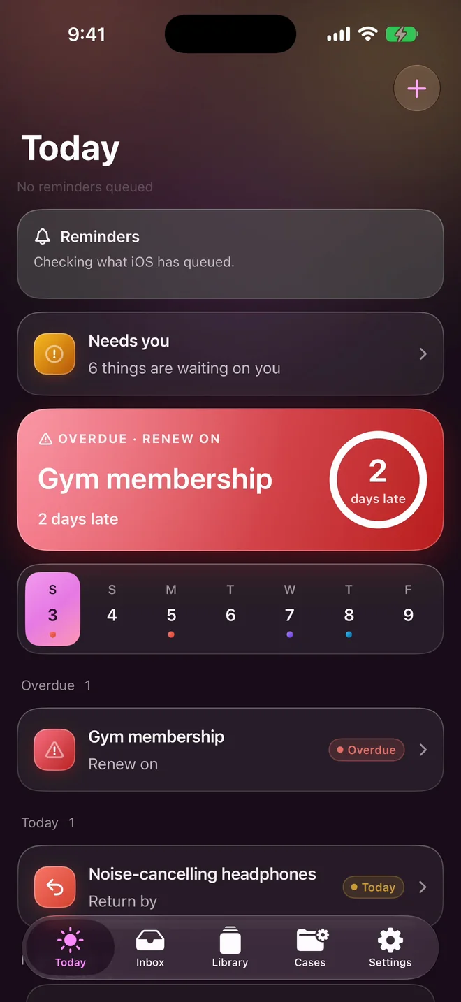 Expiry’s Today screen showing dates and renewals in its product demonstration.