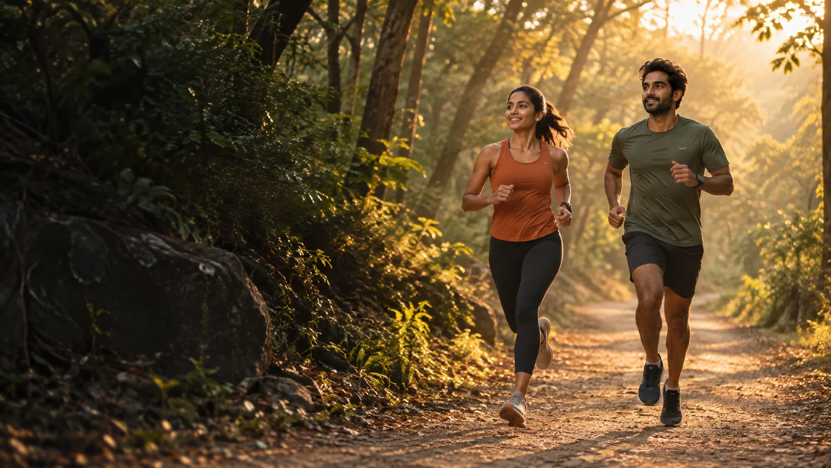 Two runners on a forest trail at sunrise.