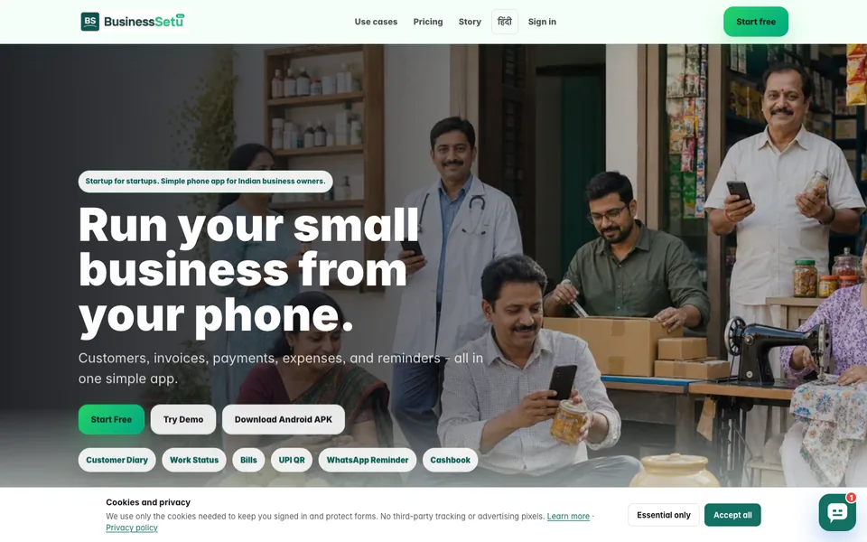 BusinessSetu product homepage screenshot