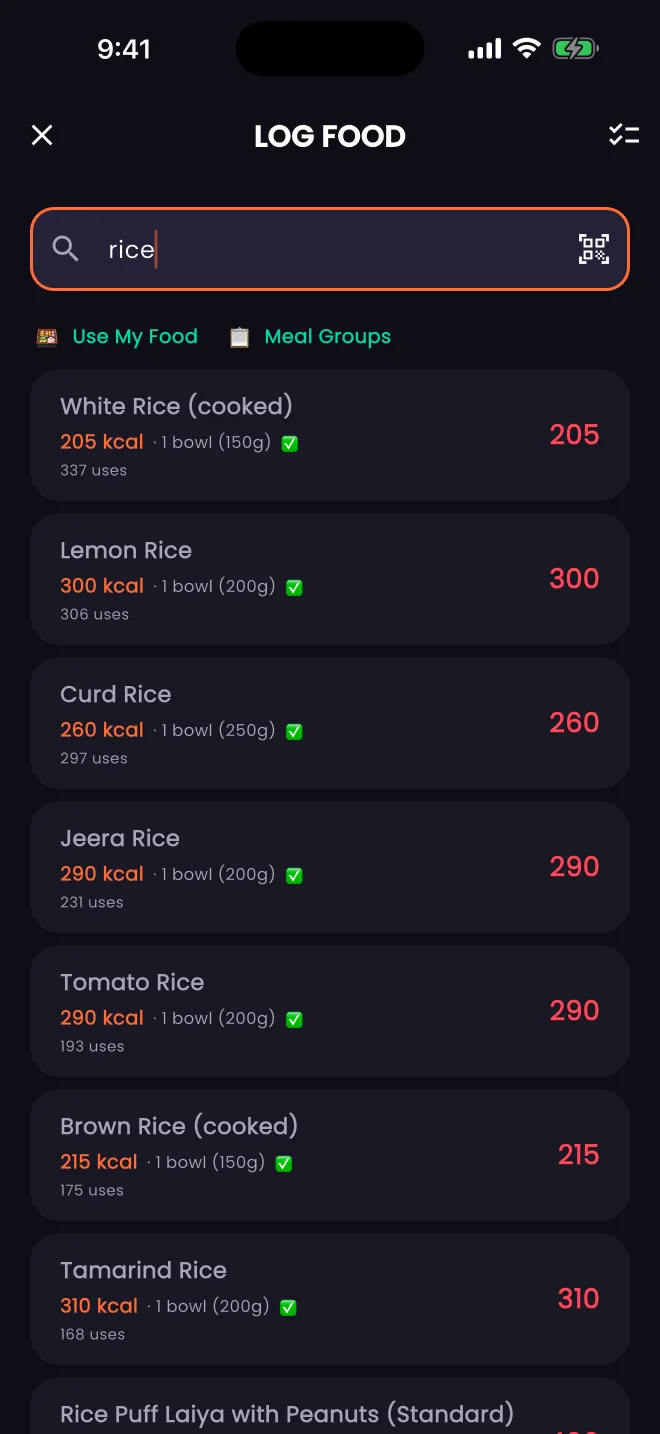 Food search showing rice options and serving sizes