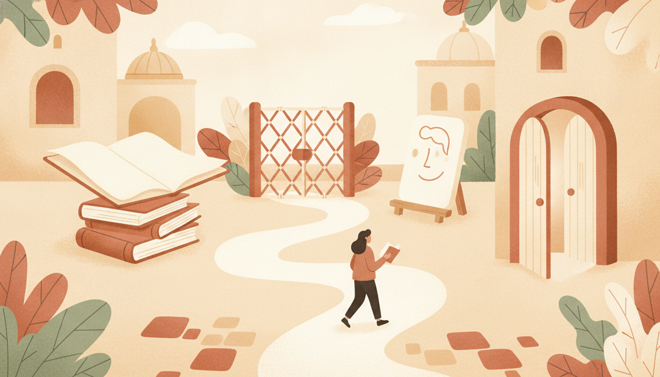 Warm illustration of a reader walking a path from an article page to a profile card and a destination door