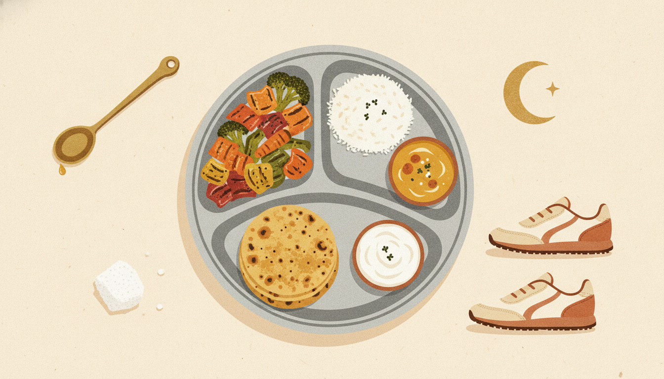 Indian thali plate proportions shown as a calorie-deficit checklist with oil, sugar, walking and sleep icons.