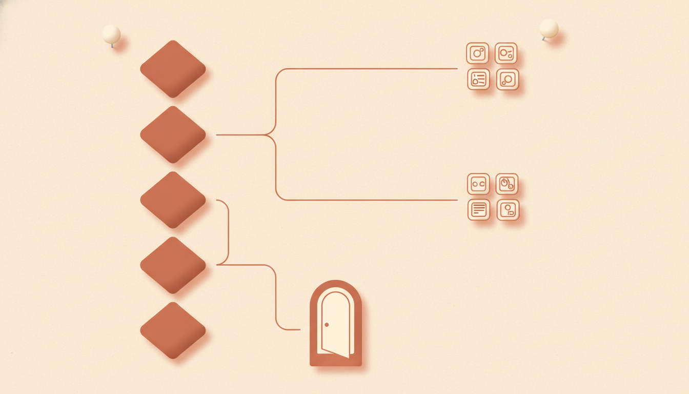 Flowchart routing five job types to specific apps, with an exit branch to custom build services.
