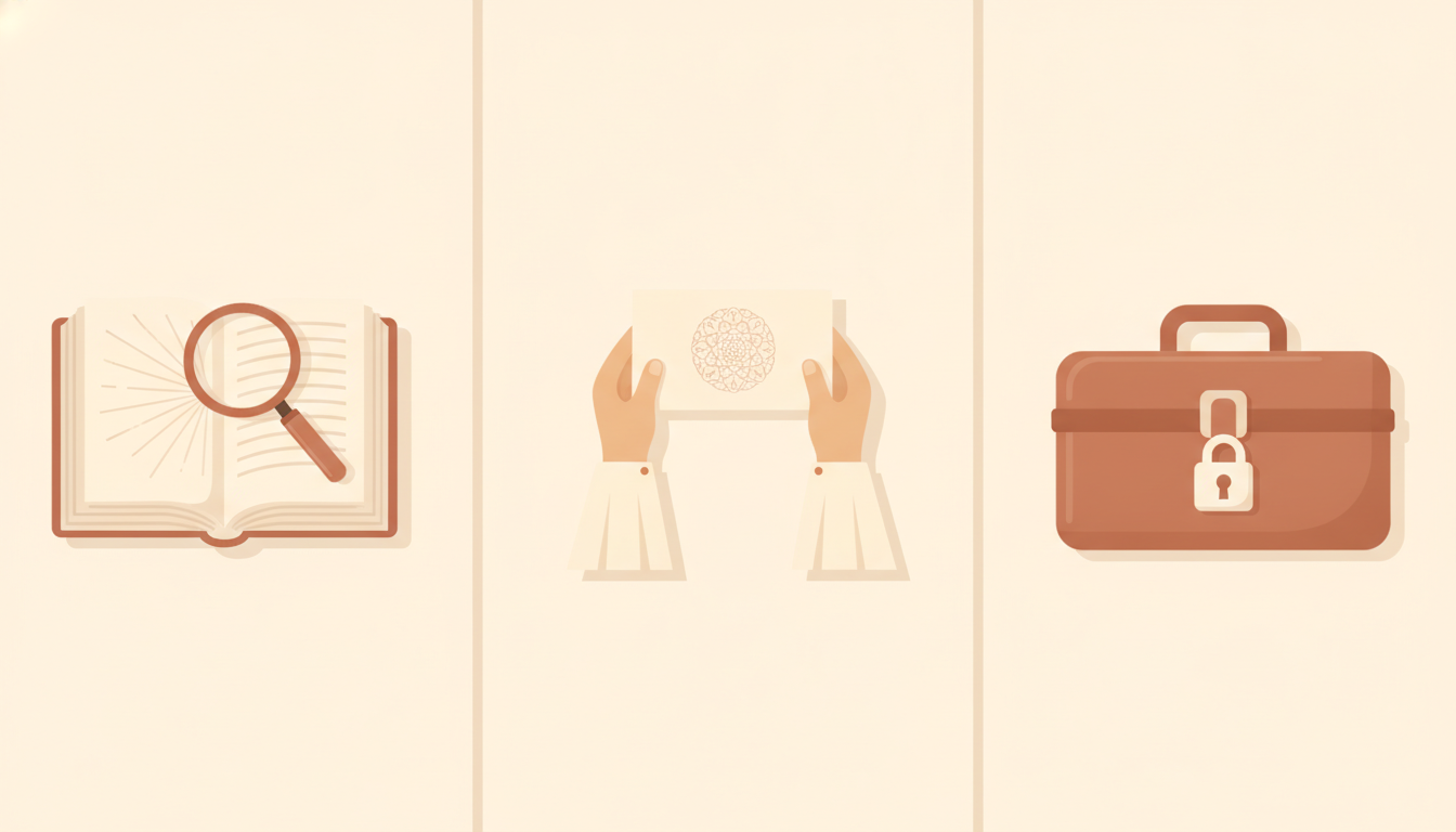 Triptych showing an open law book, a personal 2047 dream card and a locked toolbox for private service work.