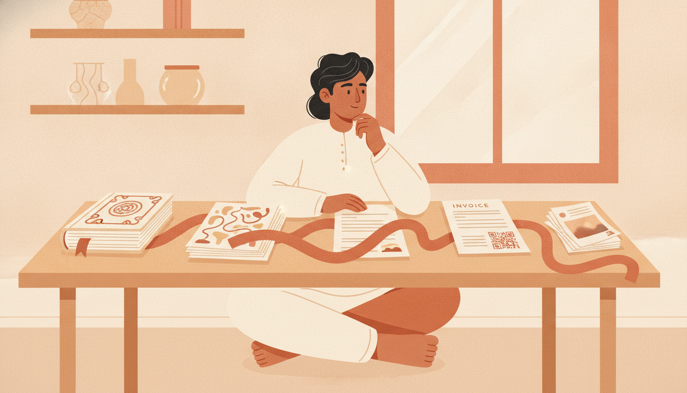 Warm illustration of a creator at a desk with four neat stacks of address book, quote sheet, invoice and receipts