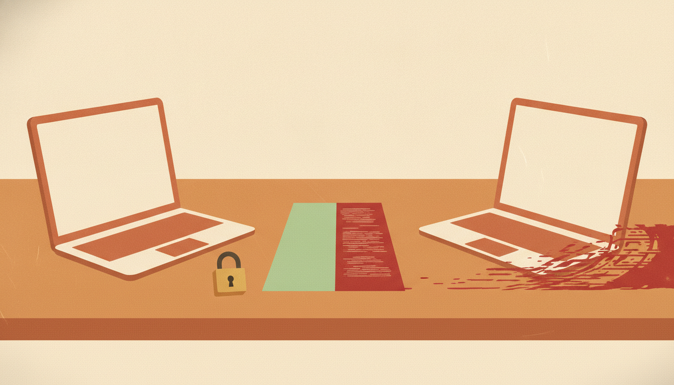 A clipboard shared between a phone and a laptop, separated into safe reusable text and sensitive text that must never sync.