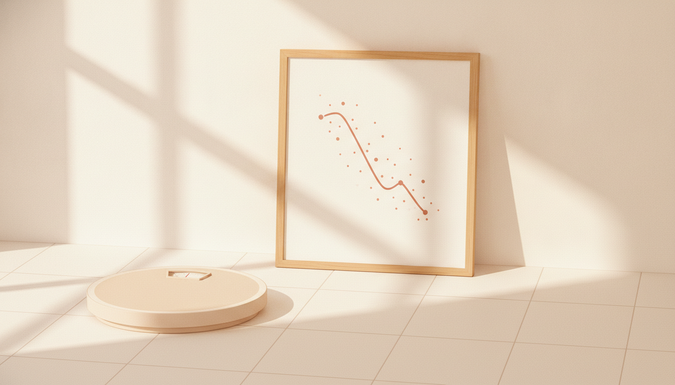 Bathroom scale beside a chart showing bouncing daily weight readings around a steady downward trend line.