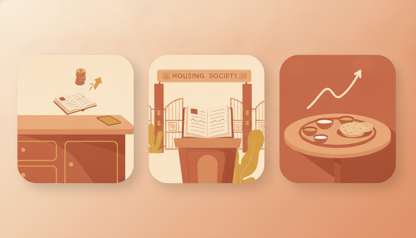 Three home scenes showing household staff records, society visitor arrivals and daily food tracking.