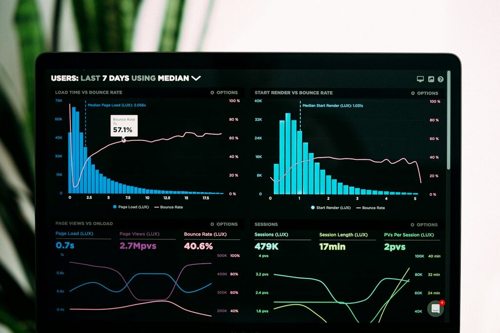 Analytics dashboard on a laptop showing user metrics, bounce rates, session length and revenue charts — the kind of data that drives a digital business