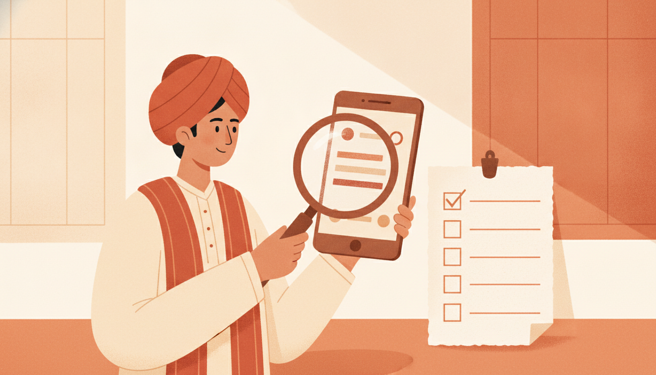 Warm illustration of a reviewer with a magnifying glass examining a phone dashboard and a checklist