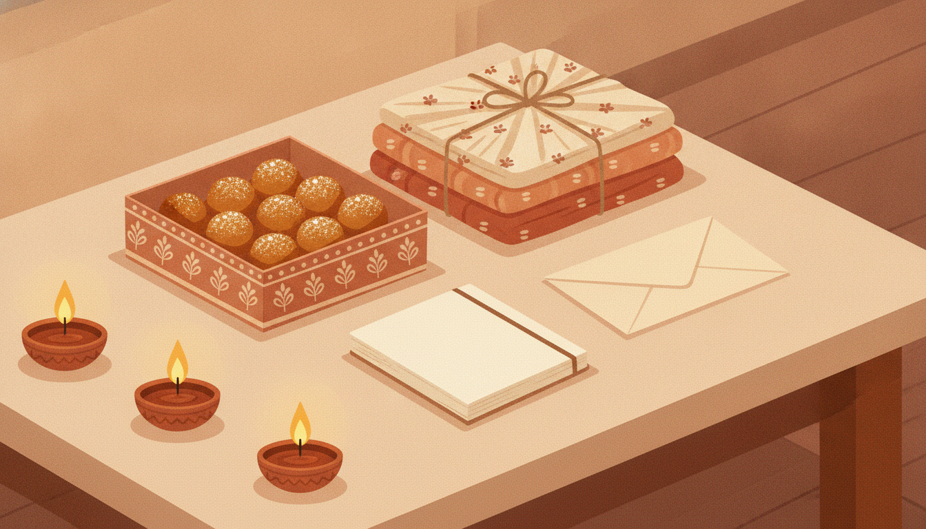 Festival bonus planning table with envelope, sweets and wrapped gifts for household staff.