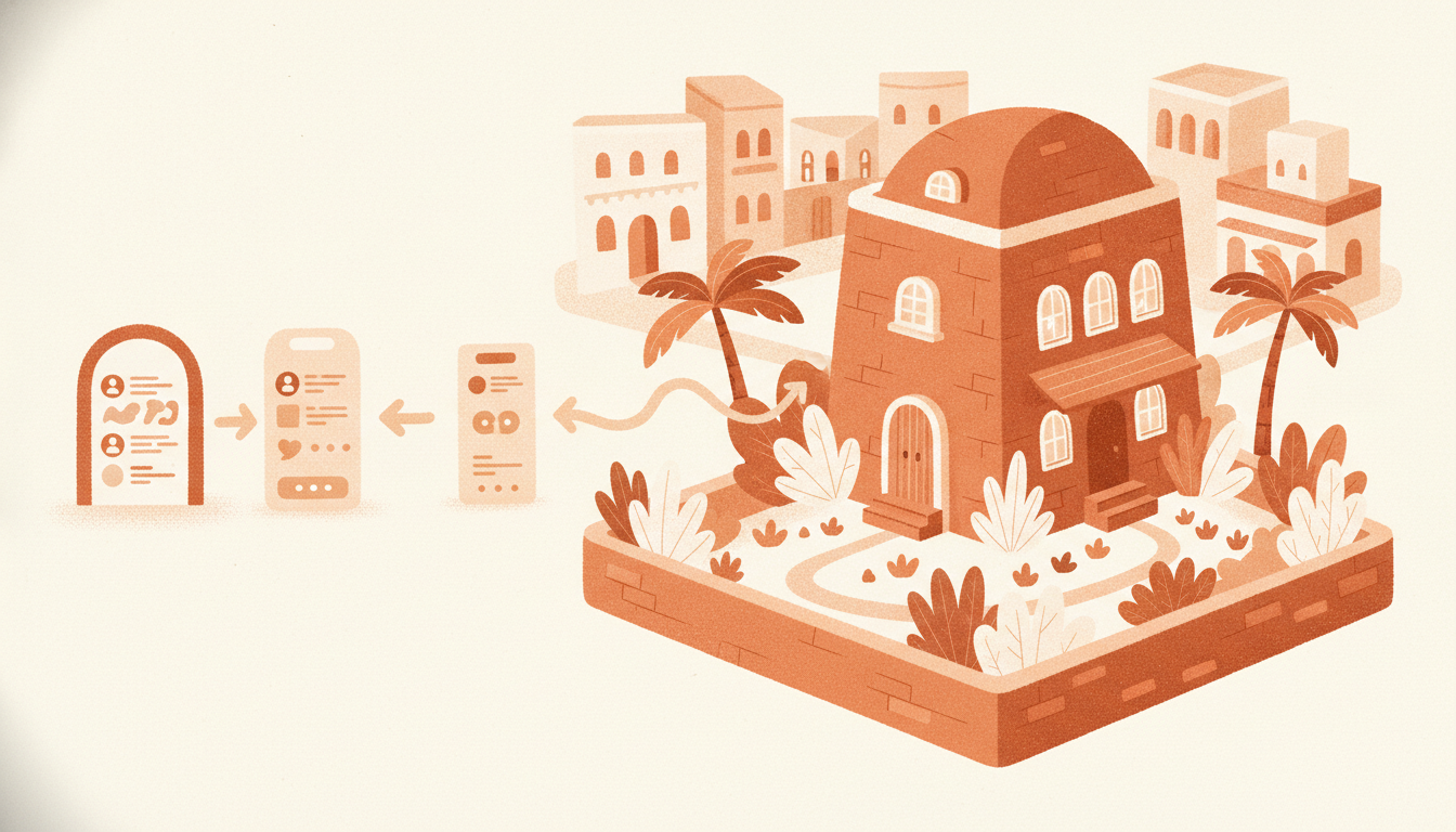 Warm illustration of two doorway cards with arrows flowing into a terracotta house