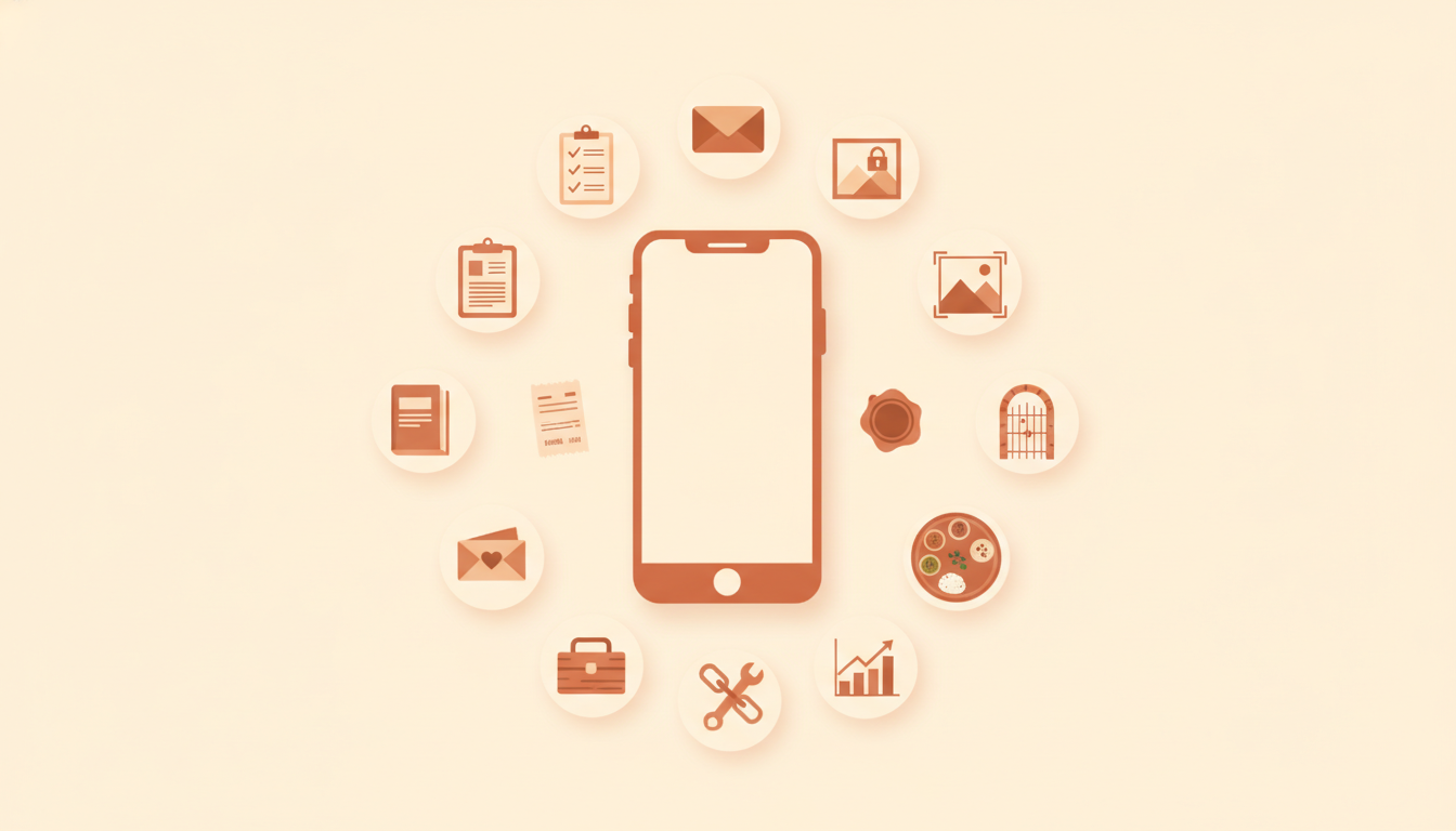 Grid of fourteen problem icons around a smartphone representing the Big Helpers app portfolio.
