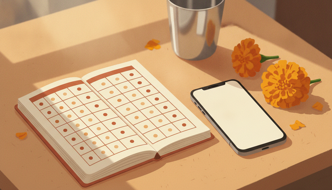 Notebook and phone showing a monthly attendance record for household staff salary calculation.
