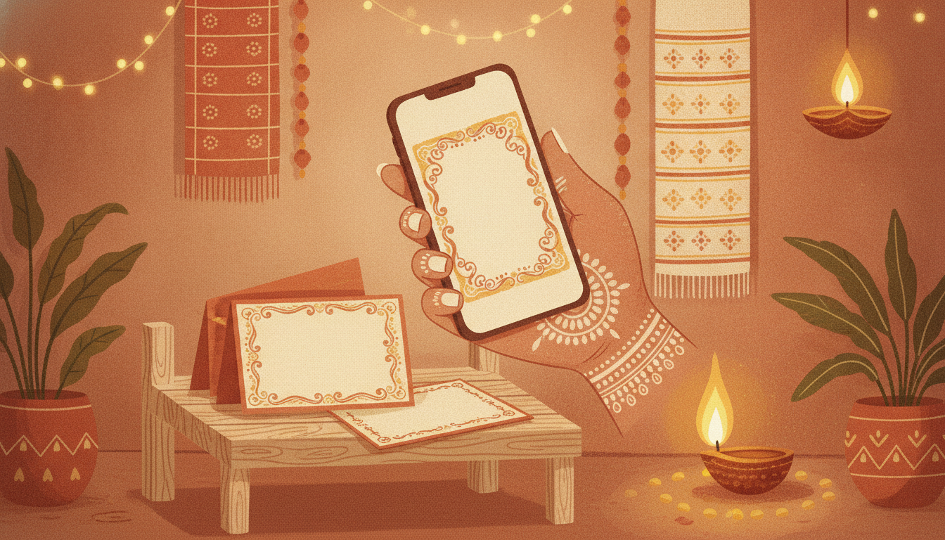 A phone screen showing a Dream Card with a short sentence in an Indian script, a theme panel and a share button