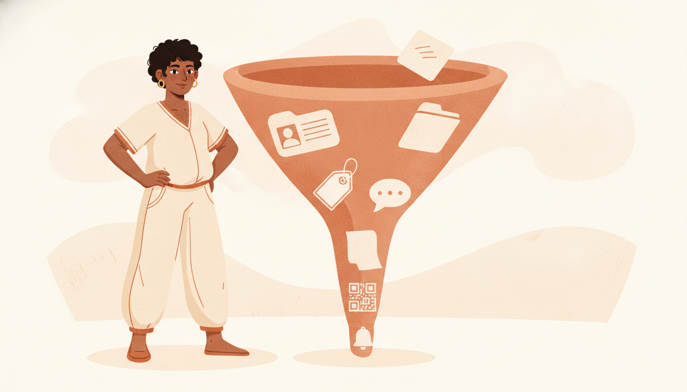 Warm illustration of a creator at the mouth of a funnel of icons from profile card to payment
