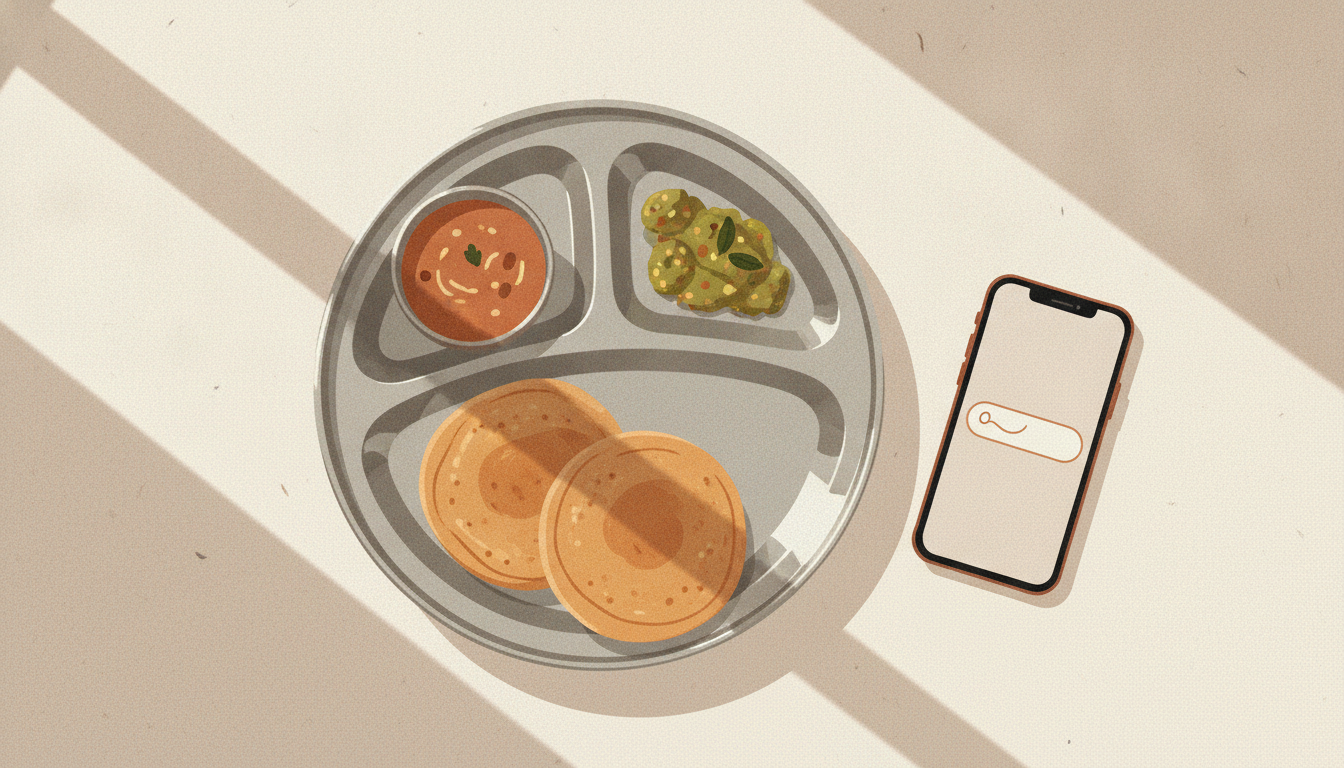Steel thali with katori and rotis beside a phone showing a one-line Indian meal log entry.