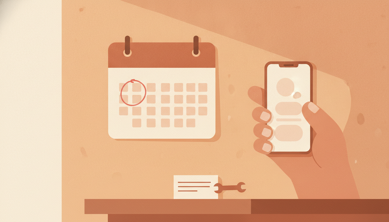 A monthly maintenance routine for a link-in-bio page, checking each link on a phone beside a dated checklist.