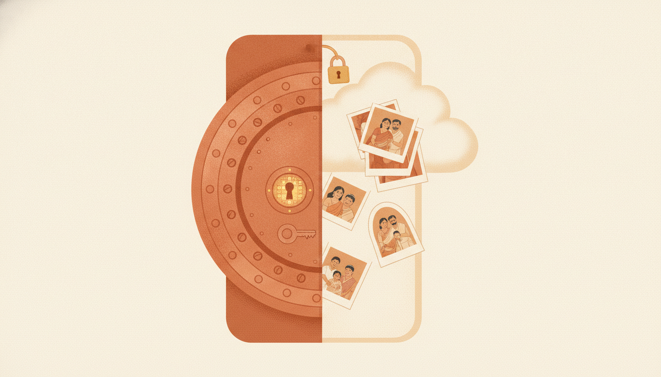 Phone screen comparing an offline encrypted photo vault with a cloud hidden album.