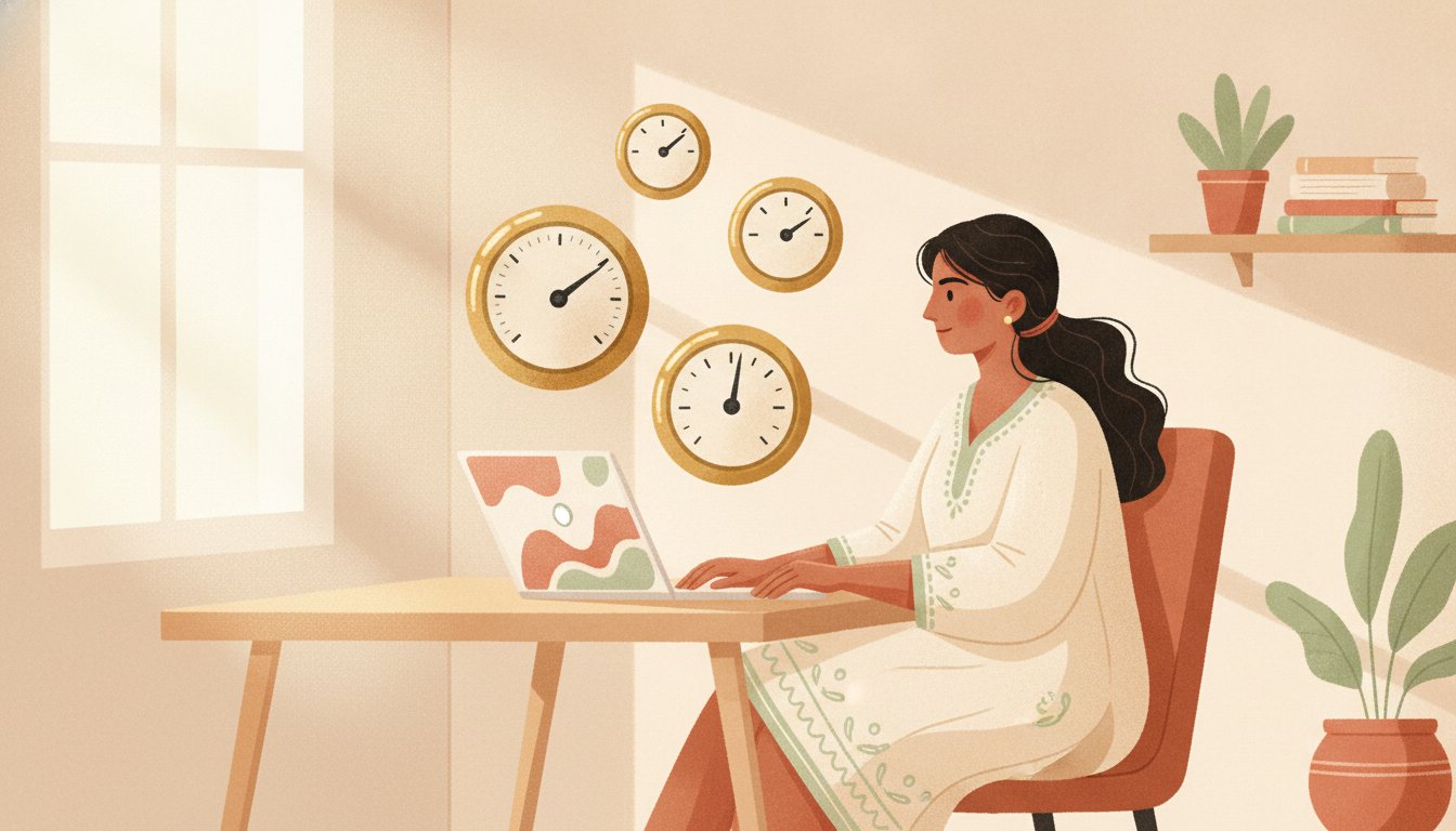 Warm illustration of a publisher studying four metric dials floating above a laptop