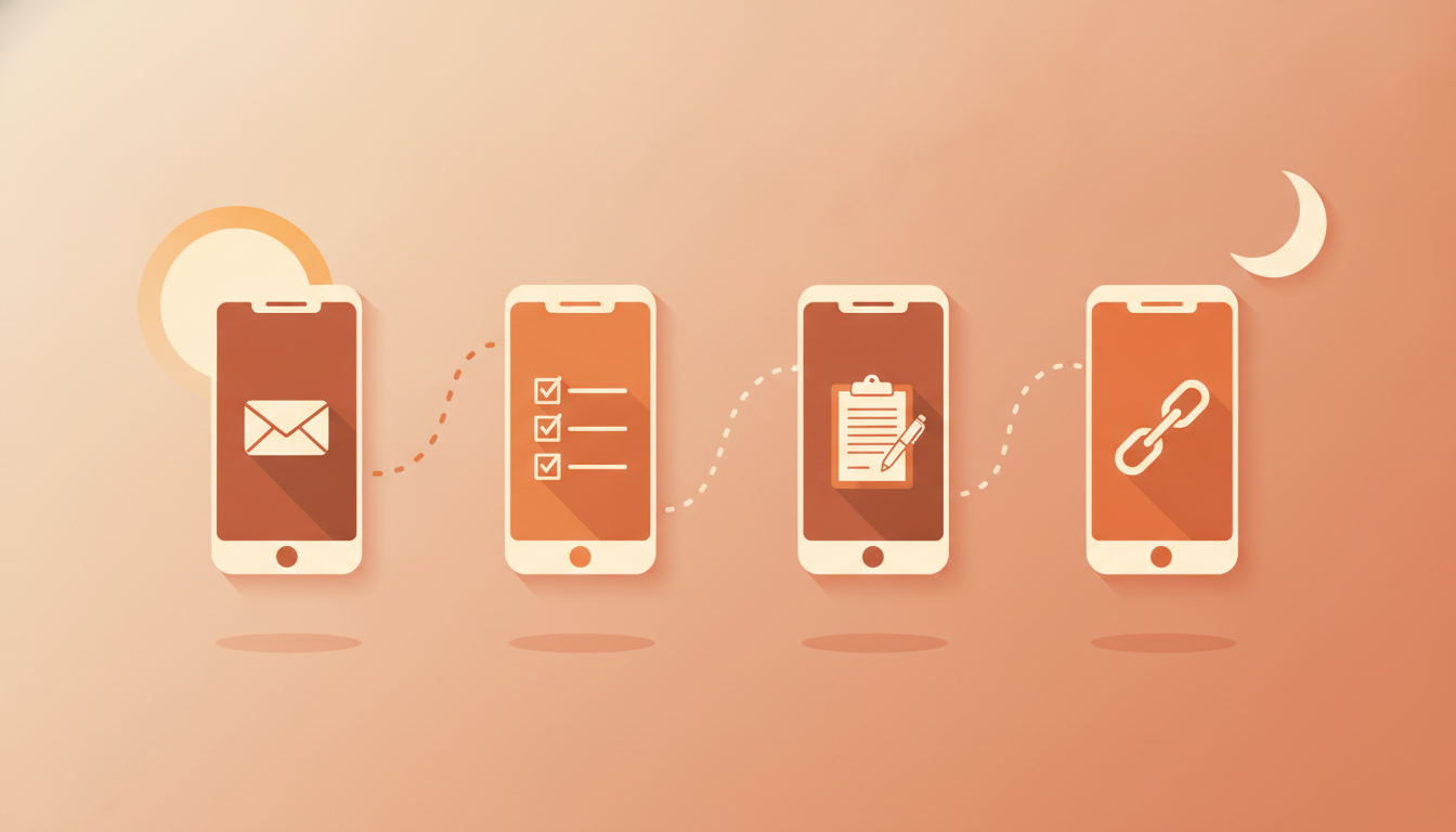 Four phone panels showing email reading, task capture, text reuse and link publishing across a day.