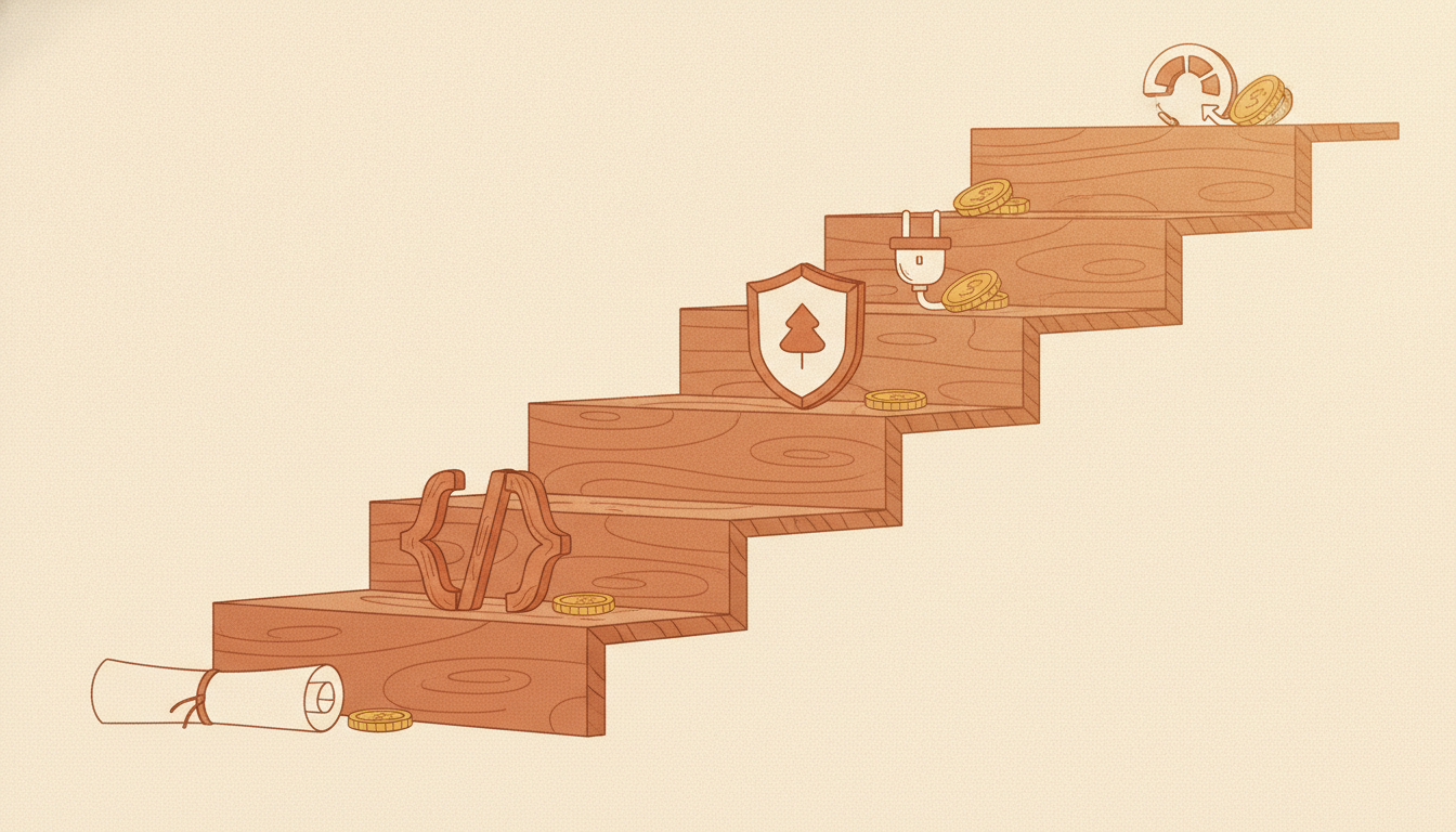 Five-phase software budget staircase showing discovery, working core, stable release, integrations and automation, each with an owned artefact and an acceptance gate