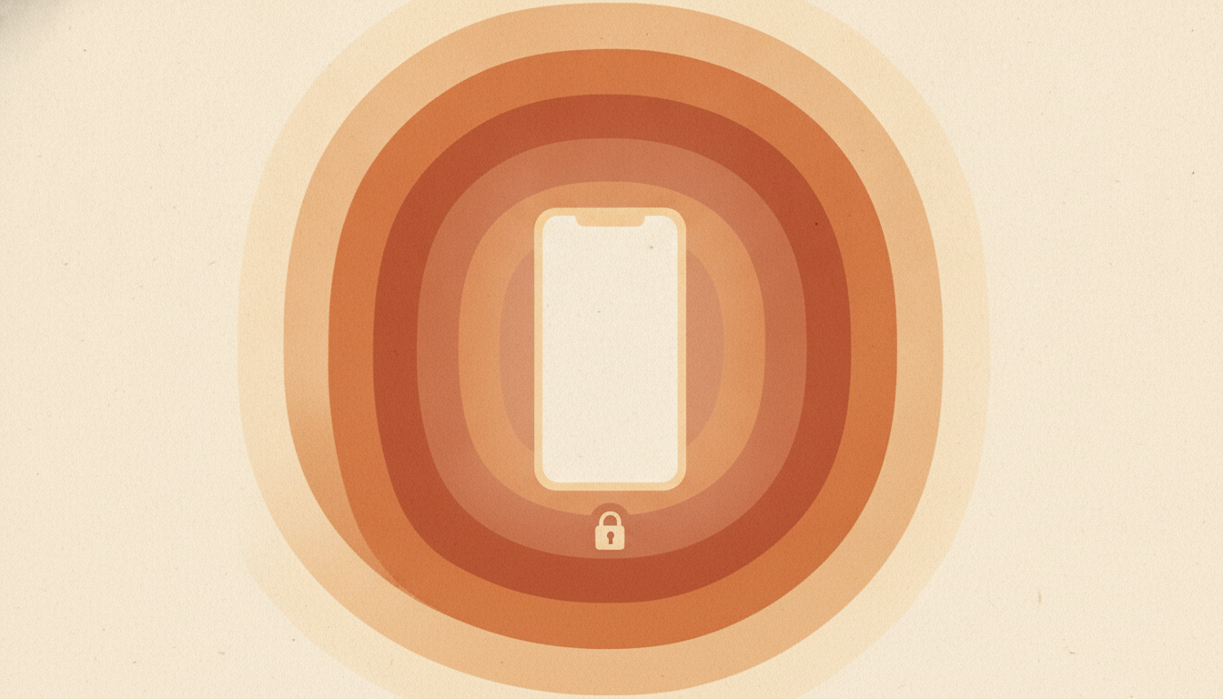 A phone with five concentric boundary rings labelled content, device, backup, analytics and employer