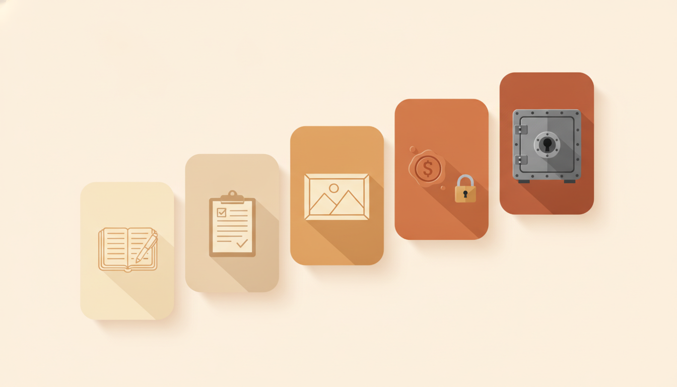 Five app icons arranged on a sensitivity scale from notes to an encrypted vault.