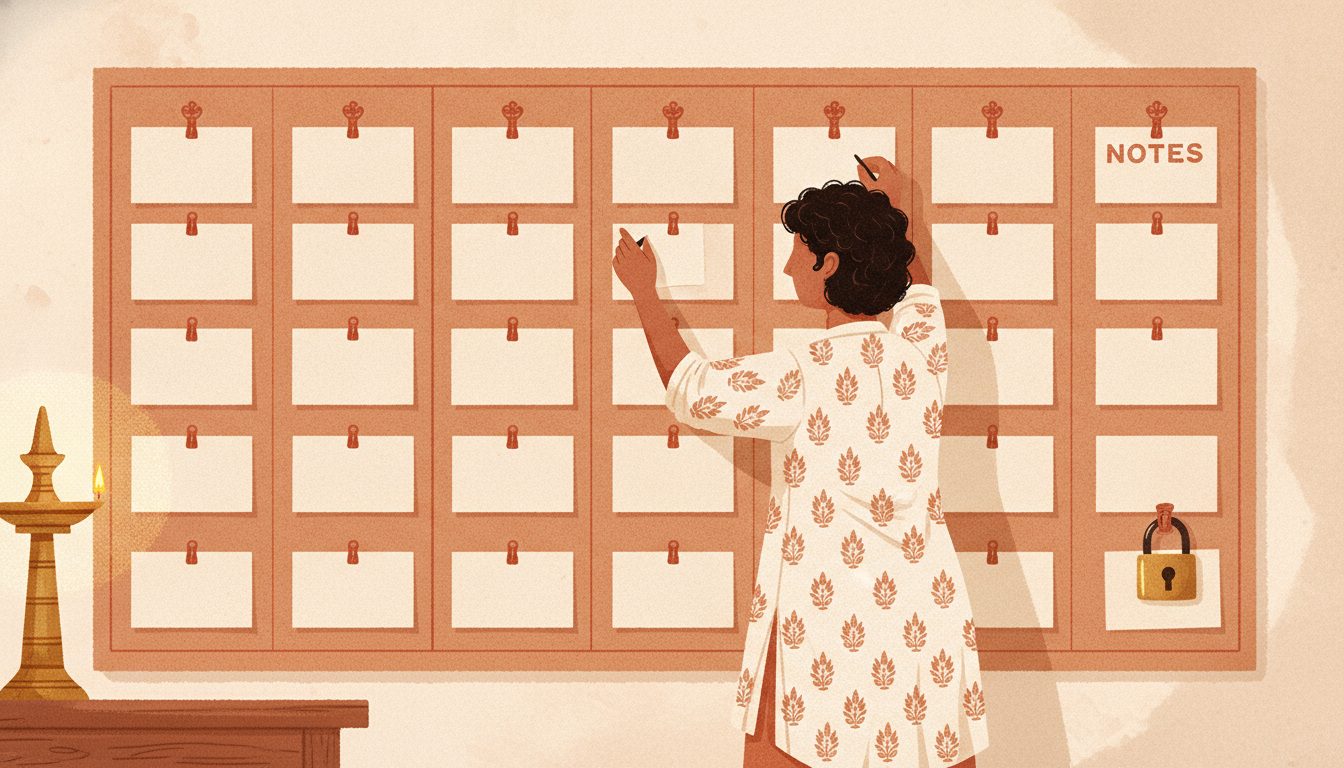 Warm illustration of a publisher arranging cards on a five-column planning board with a small padlock