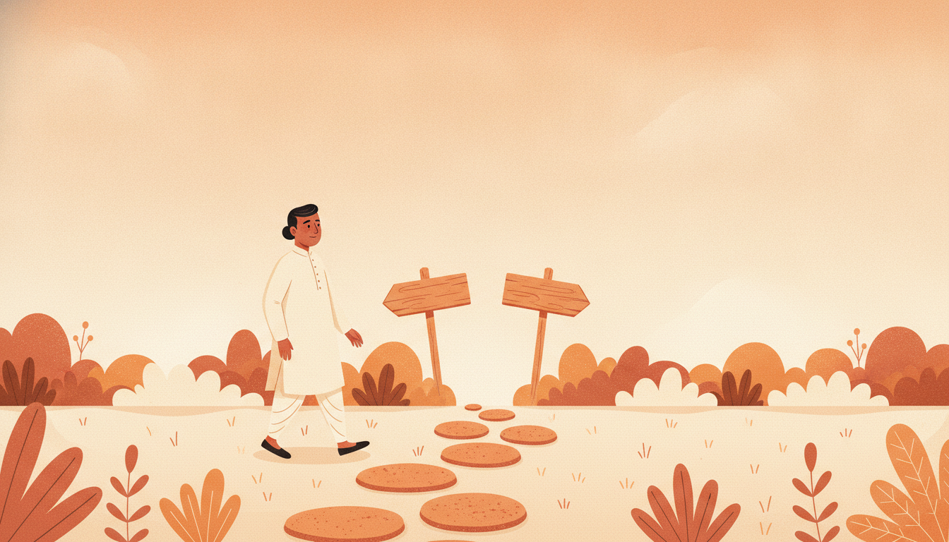 Warm illustration of a publisher walking a garden path of eight stepping stones toward a fork