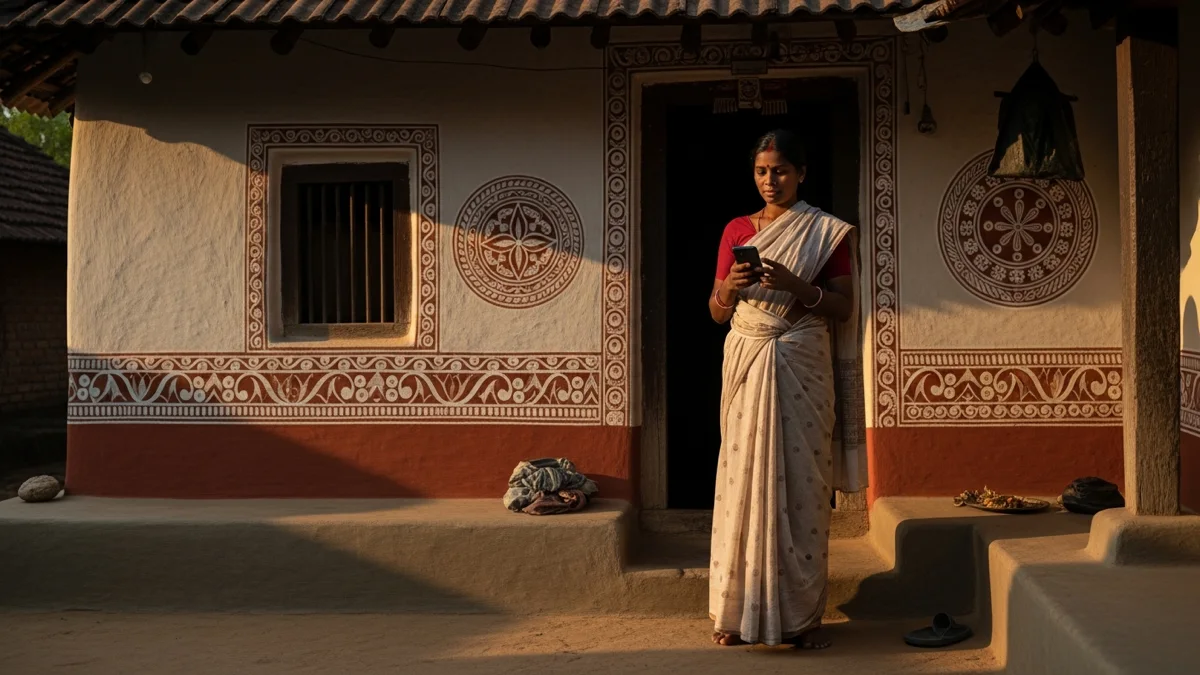 Odisha woman checking a benefit status on a smartphone.