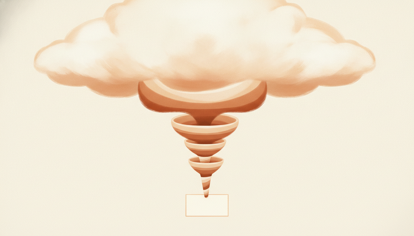 A broad glowing cloud labelled vision narrowing through five questions into a single sentence card