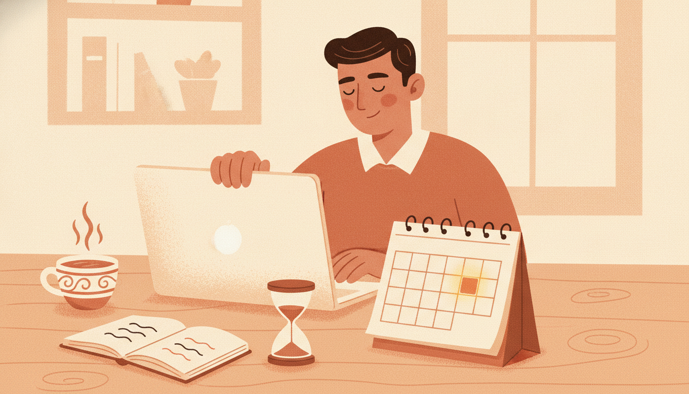 Warm illustration of a publisher closing a laptop beside a calendar with one highlighted review day