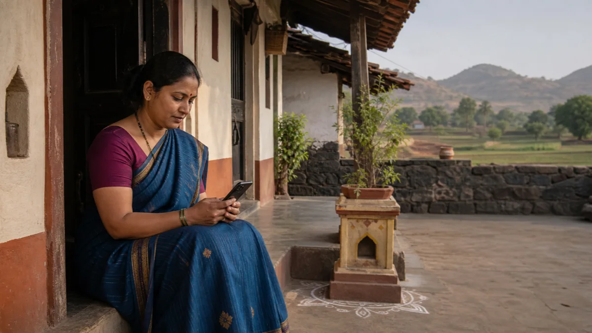 Maharashtrian woman using a smartphone in a rural Maharashtra village.