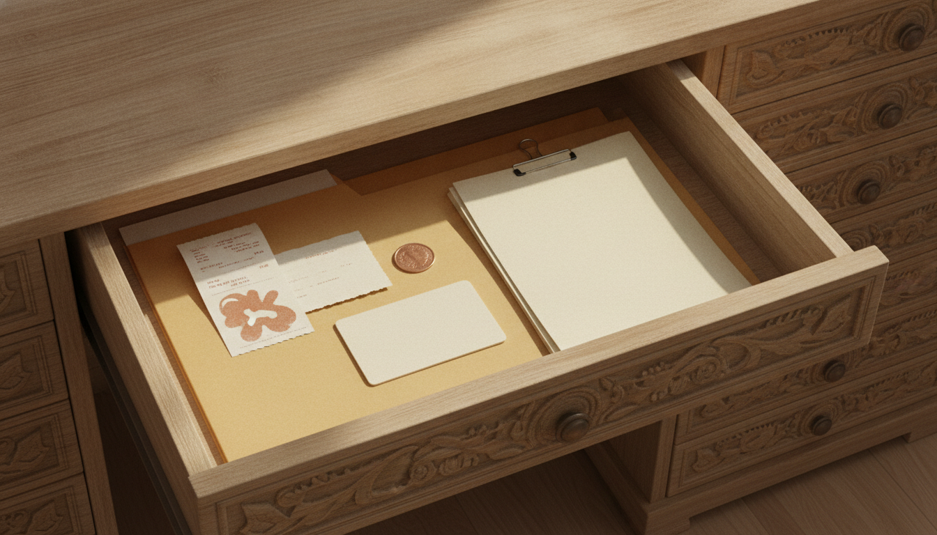 A labelled folder on a desk holding an application draft, fee receipt, identity proof and a printed address slip