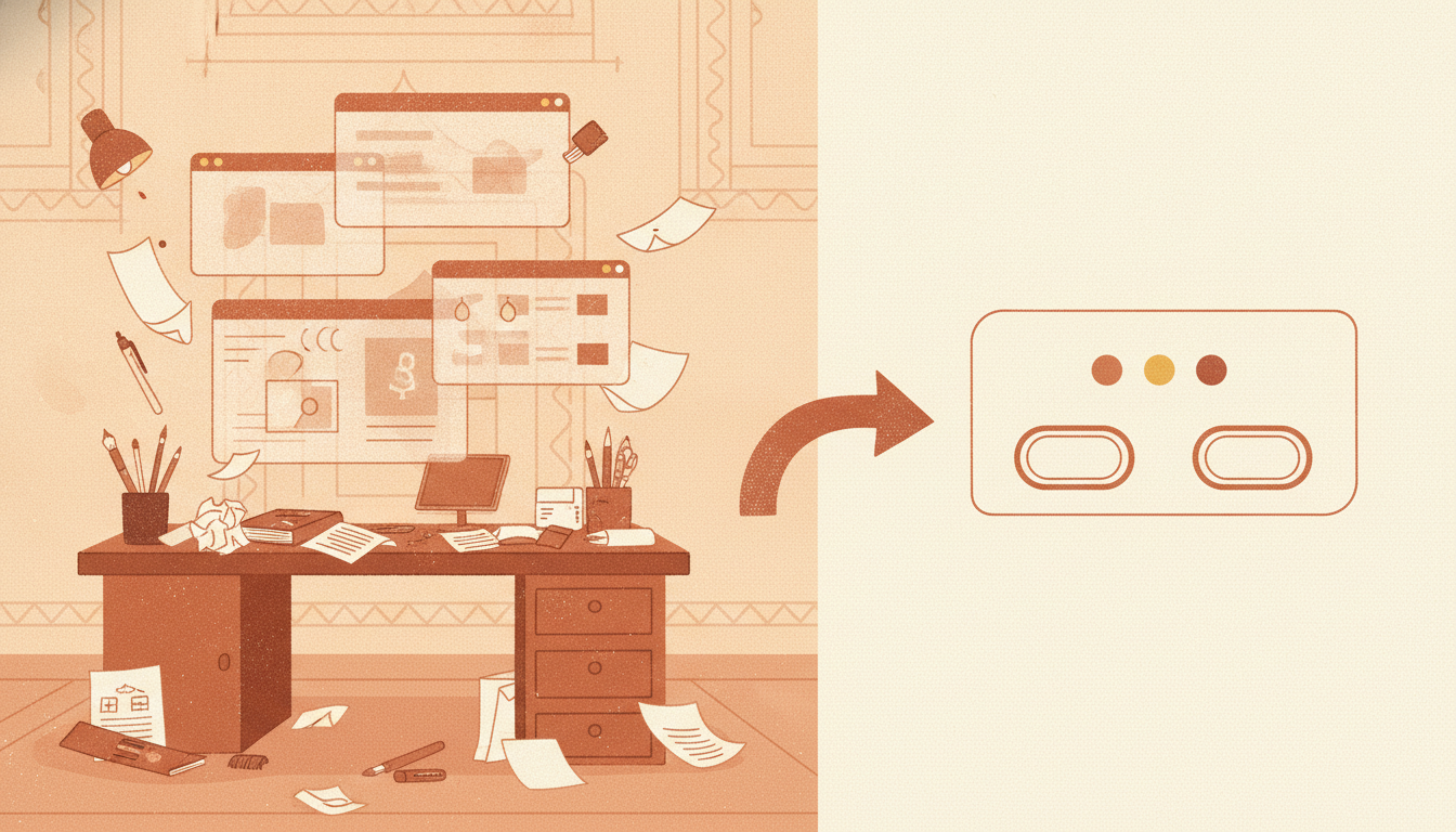 Warm illustration of a cluttered multi-window desk transforming into one calm dashboard card